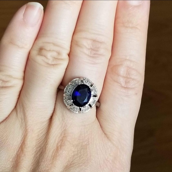 New 925 Silver Oval Cut Blue Sapphire Diamond Ring for Women - Picture 4 of 8